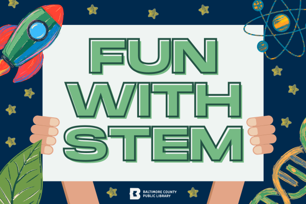 A sign reading "FUN WITH STEM" held by two hands, with a colorful background featuring a rocket, atomic symbols, and stars.